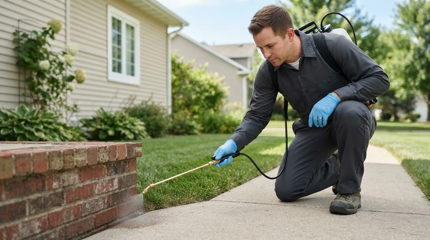 Pest control technician treating a home near Union Springs, AL
